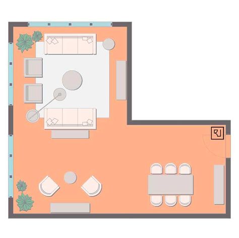 L Shaped Room, L Shaped Living Room Layout, Dining Room Furniture Layout, Sectional Living Room Layout, L Shaped Living Room, Living Room Layout Ideas, Room Layout Ideas, Interior Design Basics, Dining Room Layout