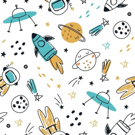 Cartoon Space, Creative Wrapping, Space Animals, Pattern Design Inspiration, Print Design Art, Kids Background, Space Illustration, Baby Illustration, Hand Drawn Vector Illustrations