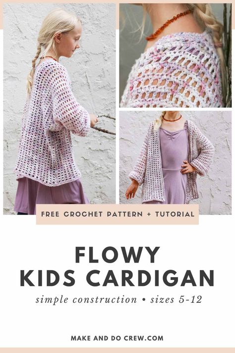 This free kids crochet sweater pattern is designed especially for the young girl who brings color to your life. Flowy, modern and super comfy. Child sizes 5-12. (Perfect for young girls - young teens.) Designed with Lion Brand Hand Dyed Heaven yarn with easy substitution notes.     #makeanddocrew #kidscrochetcardigan #girlscrochetsweater Modern Haken, Make And Do Crew, Crochet Sweater Pattern, Crochet Unique, Wool Work, Kids Cardigans, Crochet Sweater Pattern Free, Kids Crochet, Crochet Clothing And Accessories