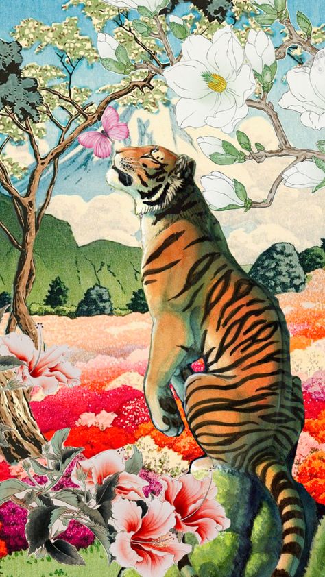 #tiger #flowers #japanese #asian #vintage #wallpaper #vibes Peaceful Tiger Tattoo, Chinese Tiger Painting, Tiger Wallpaper Iphone Aesthetic, Asian Wallpaper Aesthetic, Tiger Japanese Art, Tiger Wallpaper Aesthetic, Tiger Lily Wallpaper, Tigre Wallpaper, Tiger Mural