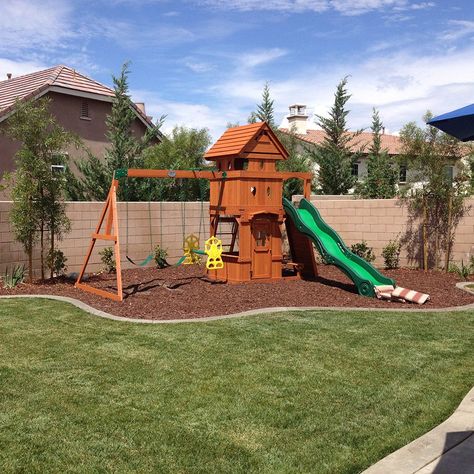 How to Landscape Under a Swing Set #HelpfulHowTos #McCabesLandscape #Swingset Playground Landscaping, Backyard Playset, Kids Backyard Playground, Backyard Kids Play Area, Play Area Backyard, Backyard Swings, Small Yards, Playground Set, Diy Playground