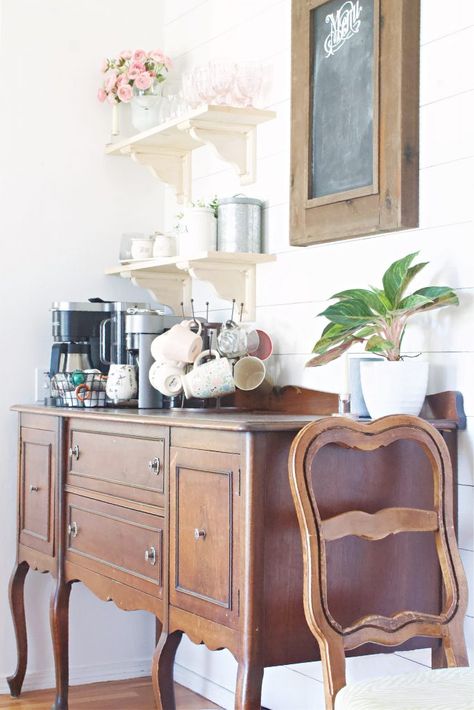 Coffee is very important in our home. So, we needed an area dedicated to our vital morning brew. This coffee bar refresh did the trick! Coffee Bar Sitting Room, Shelving Above Coffee Bar, Traditional Coffee Bar Ideas, Vintage Buffet Coffee Bar, Coffee Bar Needs, Mirror Above Coffee Bar, Grand Millennial Coffee Bar, Coffee Dresser Bar, Dresser As Coffee Bar