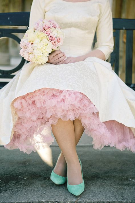 a hint of pink petticoat, photo by Tiffany Hughes http://ruffledblog.com/1950s-inspired-auburn-wedding #weddingdress #vintage #petticoats 1950s Wedding Dress, 1950s Wedding, Pink Wedding Dresses, Wedding Dresses Photos, Traditional Wedding Dresses, Nontraditional Wedding, Retro Wedding, Pastel Wedding, Vestidos Vintage