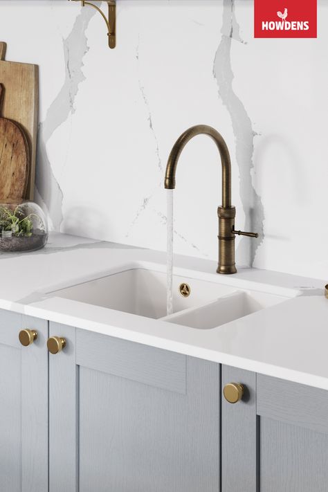 Blue Shaker Kitchen Cabinets, Tap Ideas, Blue Shaker Kitchen, Brass Tapware, Howdens Kitchens, Boiling Water Tap, White Worktop, Brushed Brass Hardware, White Kitchen Sink