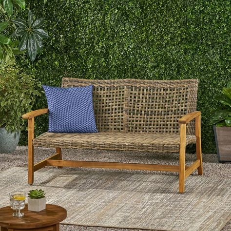 Millwood Pines Bedingfield 52'' Acacia Outdoor Loveseat & Reviews | Wayfair Rattan Loveseat, Wicker Loveseat, Patio Daybed, Patio Loveseat, Outdoor Loveseat, Patio Sectional, Noble House, Patio Sofa, Grey Cushions