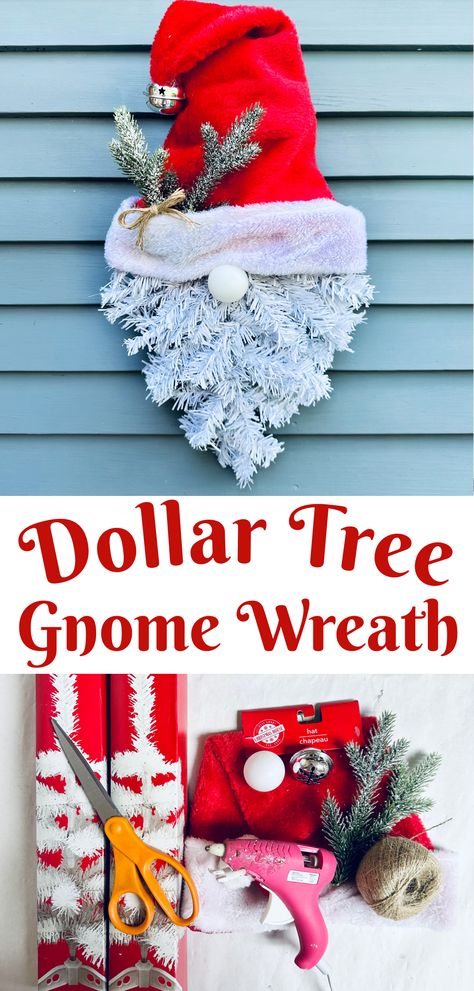 gnome wreath Santa Wreath Diy, Christmas Gnome Wreath, Christmas Knomes, Tree Gnome, Diy Christmas Door, Christmas Wreath Decor, Gnome Wreath, Dollar Store Christmas Crafts, Dollar Tree Christmas Decor