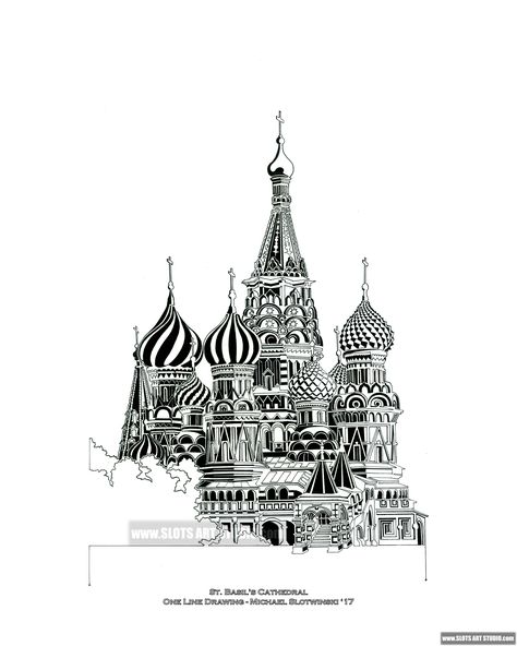 Michael Slotwinski - St. Basil's Cathedral, Moscow (this was drawn as one continuous line of varying thickness, never overlapping) Saint Basil's Cathedral Drawing, Byzantine Architecture Drawing, St Basils Cathedral Drawing, Cathedral Tattoo, Egyptian Era, St Basils Cathedral, Byzantine Architecture, St Basil's, One Word Art