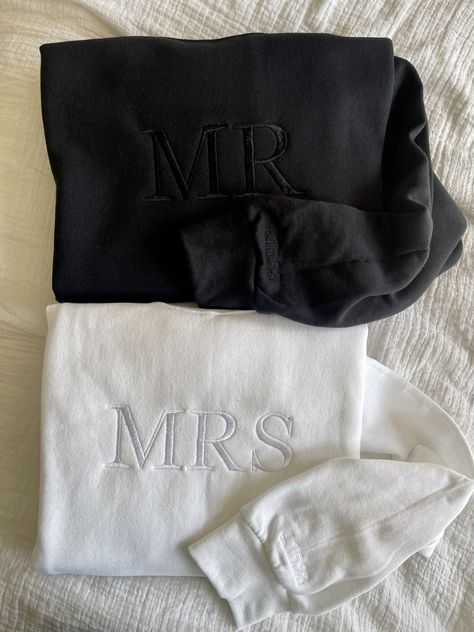 Made to order mr and Mrs embroidered crewneck sweatshirts! Perfect for a bridal shower gift or to wear to travel for your honeymoon Sweatshirts are UNISEX sizing Shirts are Jerzees/ Gildan brand **Machine wash COLD and hang dry to extend embroidery life** Sweatshirts are made to order so processing time is 3-7 business days. Please message me if you need your order sooner, and I will do everything I can to get it to you ASAP! Message me for any custom orders! Honeymoon Matching Sweatshirts, Bride And Groom Crewneck, Bride And Groom Honeymoon Outfits, Mr And Mrs Sweatpants, Mr And Mrs Accessories, Just Married Outfit Ideas, Bride And Groom Travel Outfits, Hubby And Wifey Sweatshirts, Wedding Shower Bride Outfit