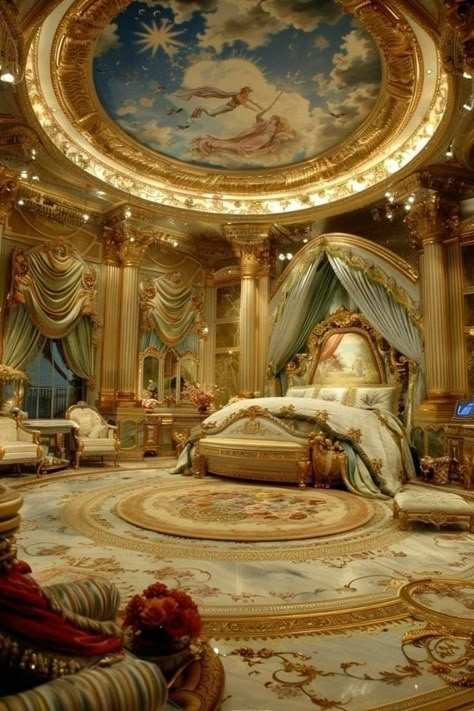 Royal Chambers Bedrooms, Palace Rooms Bedrooms, Royal Room Bedrooms, Golden Bedroom Ideas, Fantasy Royal Bedroom, Royal Bedroom Aesthetic, Kingdom Bedroom, Royal Luxury Bedroom Design, Royal Bedrooms