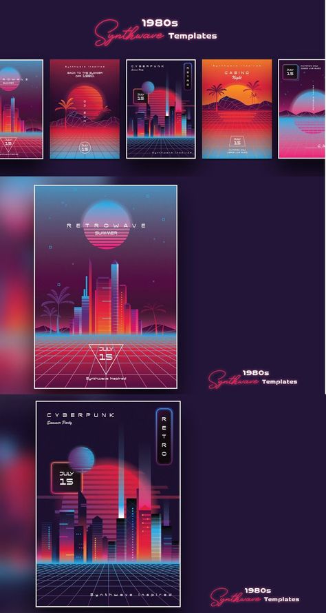 1980s Synthwave / Poster Templates.1980s Synthwave Templates set includes 5 editable posters, 28 x 40 in in size. Adobe font are used and all elements can be rearranged to fit your project needs. Use these templates for any retro inspired event, summer party, casino night or any other type of project that has a synth wave vibe. Synthwave Neon, Synth Wave, Neon Retro, Cyberpunk Style, Casino Night, Poster Templates, Poster Template, Summer Party, Retro Inspired