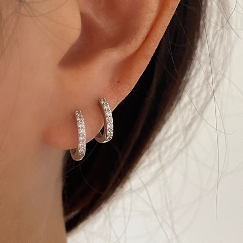 Sterling Silver Cubic Hoop Earrings, Dainty Sparkle Silver Hoops, Basic Simple Silver Hoops, Ear Stacking, Second Hoops, Everyday Earring by AnettJewellery on Etsy 2nd Ear Piercing, Second Lobe Piercing, Ear Stacking, Second Ear Piercing, Simple Silver Earrings, Double Ear Piercings, Lobe Piercing, Earrings Dainty, Jewelry Lookbook