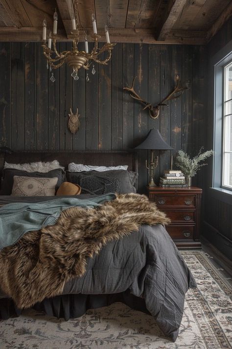 29 Rustic Boho Witchy Bedroom Ideas to Transform Your Space 10 Dark Wood Wall Bedroom, Viking Inspired Living Room, Dark Wood Interior Design Bedroom, Dark Moody Rustic Bedroom, Viking Style Home Decor, Viking Bedroom Decor, Forest Witch Decor, Viking Bedroom Aesthetic, Moody Rustic Bedroom