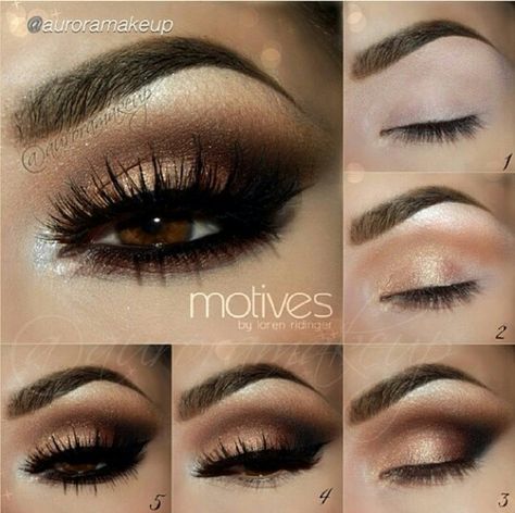 A brown, beige, white, and black eye look! Kim Kardashian Makeup Tutorial, Brown Eye Makeup Tutorial, Smoky Eye Makeup Tutorial, Kim Kardashian Makeup, Gold Smokey Eye, Wedding Makeup For Brown Eyes, Makeup Tip, Eyeshadow For Brown Eyes, Smokey Eye Tutorial