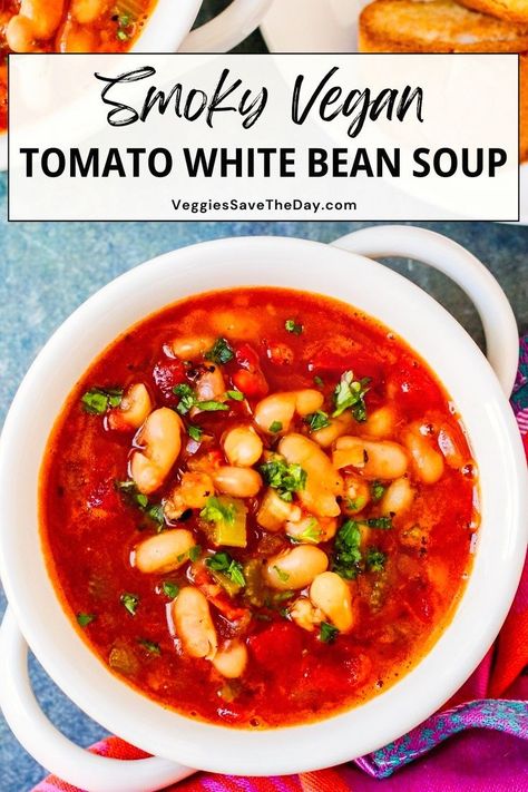 Made with pantry ingredients, this smoky vegan tomato white bean soup features fire roasted tomatoes, smoked paprika, and lots of garlic. This Mediterranean inspired soup is easy to prepare in under an hour. Save this pin and follow for more easy vegan recipes! Fire Roasted White Bean Soup, Bean Soup Vegetarian, Tomato White Bean Soup, Soup With Cannellini Beans, Chunky Tomato Soup, Vegan Bean Soup, Tomato White Bean, Soups For Fall, Soups And Stews Recipes