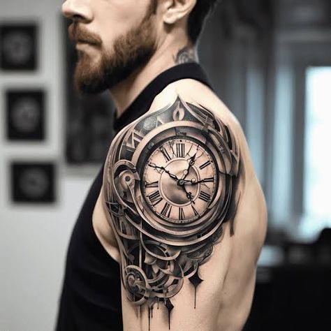 Old Clock Tattoo Design, Clock Tattoo Design Men, Clock Tattoo Design For Men, Old Clock Tattoo, Symbolism Tattoo, Time Clock Tattoo, Tattoo Clock, Tattoo Bicep, Tattoo Symbolism