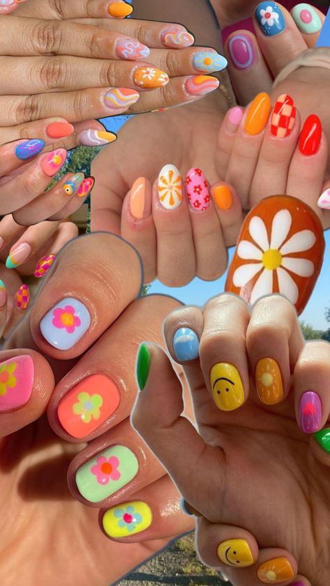 Granola Girl Nails Summer, Groovy Summer Nails, Happy Nail Art, Vibey Nails, Groovy Nail Designs, Rainbow Gel Nails, Groovy Nail Art, Hippie Nail Art, Groovy Glam