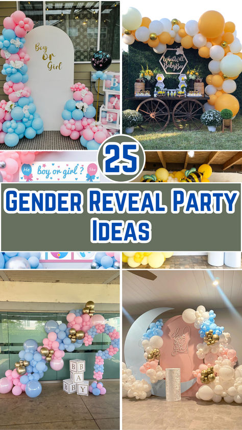 A festive gender reveal party setup with blue and pink decorations, a tiered cake with “Boy or Girl?” written on top, and colorful balloons. Gender Reveal Diy Decor, Diy Gender Reveal Games, Gender Reveal Themes Christmas, Small Gender Reveal Party Ideas, Baby Reveal Photoshoot Ideas, Fancy Gender Reveal Party, Gender Reveal Party Ideas Theme, Quick Gender Reveal Ideas, Gender Reveal Diy Decorations