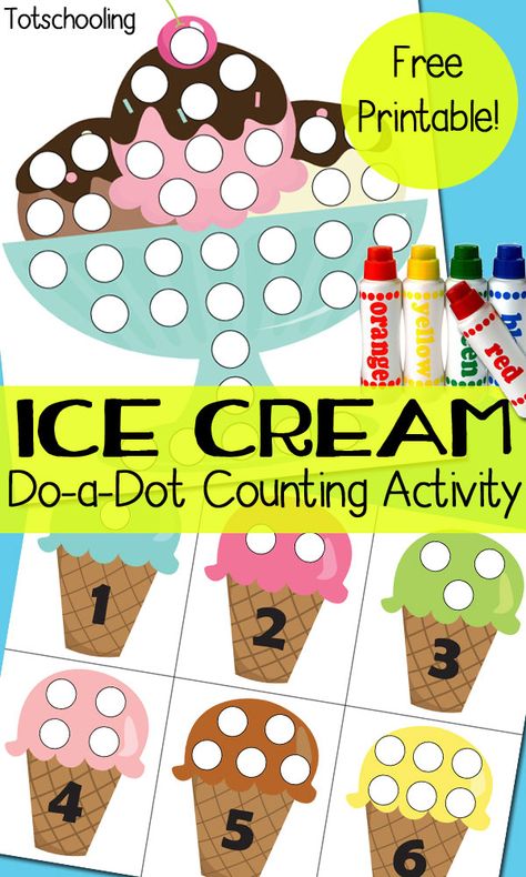 FREE ice cream themed printables to go along with Do-a-Dot markers. Practice counting, number recognition and one-to-one correspondence while decorating the ice cream cones and ice cream sundae. Dot Marker Printables, Ice Cream Crafts, Folder Activities, Ice Cream Theme, Summer Preschool, Cvc Word, Do A Dot, Folder Games, Flip Chart