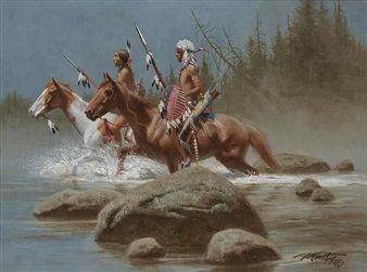 Moonlit Crossing American Indian Artwork, Indian Artwork, Native American Paintings, Native American Warrior, Indian Men, Native American Artwork, West Art, Native American Peoples, American Painting