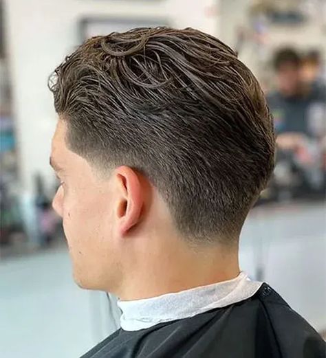 Thick Slick Back with Low Taper Fade on Sides and Back. This collection of tapered neckline haircuts is stylish, masculine and fashion-forward. Find the most popular men’s hairstyles with cool neck taper ideas. Slight Fade Haircut Men, Men Caesar Haircut, Comb Back Hairstyles Men, Side Burns Mens, Gentlemen Haircut, Taper Haircut Men, Short Slicked Back Hair, Low Taper Haircut, Faded Haircut