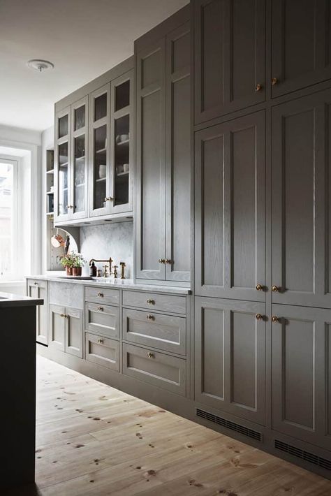 Tall Kitchen Cabinets, Contemporary Kitchen Cabinets, Countertop Cabinet, Appliance Garage, Tall Kitchen, White Tile Backsplash, Devol Kitchens, Gray And White Kitchen, Shaker Style Kitchens