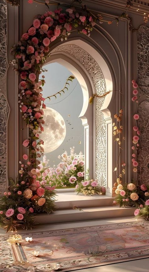 A room with flowersurrounded window, full moon, and brickwork facade stock photography Brickwork Facade, Dreamscape Architecture, Landscaping Images, Vector Flowers, Building Facade, Window Frame, Brickwork, Beautiful Architecture, Blooming Flowers