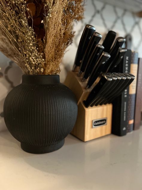 Fall Decor styled on kitchen counter. Vase snd preserved stems from @target Black And Rust Home Decor, Black And Tan House Decor, Black Boho Kitchen Decor, Beige And Black Kitchen Decor, Black Accent Kitchen Decor, Black And Tan Kitchen Decor, Kitchen Decor Black And Wood, Black And Brown Home Decor, Black And Wood Kitchen Decor