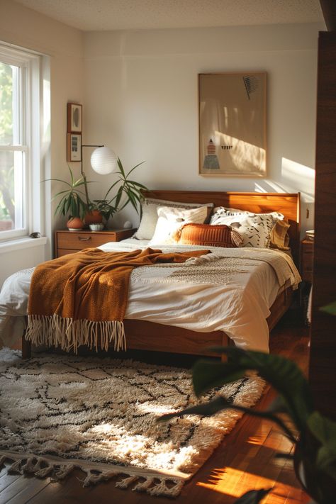 Mid-Century Modern Bedroom - Quiet Minimal Guest Bedroom Ideas Mid Century, Midcentury Small Bedroom, Cozy Natural Bedroom Aesthetic, Mid Century Interior Design Bedroom, Coastal Cowboy Aesthetic Bedroom, Rustic Bedroom Inspirations, Midmod Bedroom, Warm Aesthetic Bedroom, Midcentury Modern Bedroom Decor Ideas