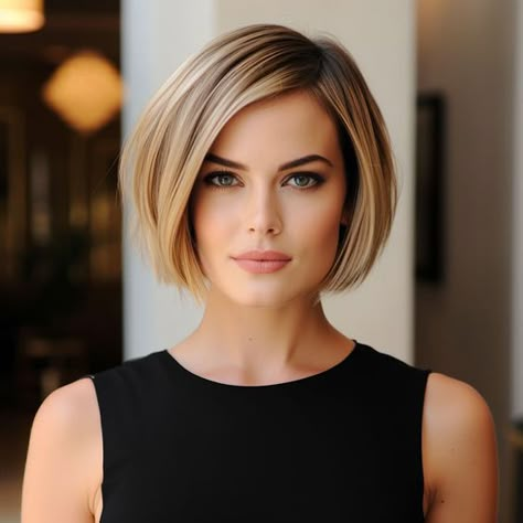 You'll love how sophisticated a short bob haircut can make you look. Don't hold back, check out all the trendy short bob haircuts and hairstyles we have for you. Chic Short Bob Haircut, Side Part Chin Length Hair, Crop Bob Haircut, Women Short Bob Hairstyles, Blond Short Bob Hairstyles, Straight Bobs For Thick Hair, Short A Line Bob Hairstyles, Julianna Hough Hair Short Bobs, Back Of Short Bob