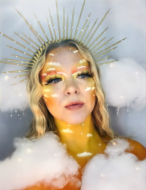 Sun And Rain Costume, Sungoddess Costume, Sun Makeup Looks Halloween, Sun Cosplay Outfit, Ray Of Sunshine Costume, Diy Sun Costume For Women, Goddess Of Sun Costume, Sun Inspired Makeup Looks, Moon Goddess Costume Diy