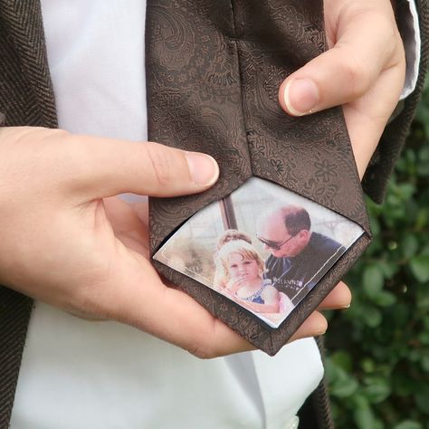 On your wedding day, remind your dad what a cute little critter you were with this custom father of the bride tie patch. This photo tie patch is the most personal and touching keepsake for the father of the bride. Your family photo will be printed onto white cotton. The tie label is a diamond shaped patch with hemmed edges.These hemmed cotton labels can be sewn in by the seamstress doing your dress alterations. It only takes a little hand sewing, so a family member could do it as well.After purc Gift For Him On Wedding Day, Father Of Bride Tie Patch, Groom Personalized Gifts, Tie For Dad On Wedding Day, Tie For Father Of The Bride, Memory Of Father At Wedding, Picture In Tie Wedding, Photo Tie Patch, Father Of The Bride Tie Patch