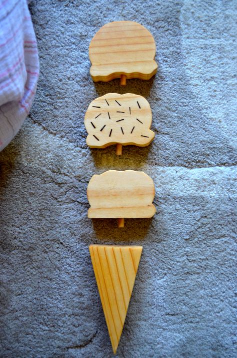 Wooden Ice Cream Cone with detachable scoops Childcare Garden, Wooden Ice Cream, Bags Game, Kids Church, Wood Toys, Ice Cream Cone, Sensory Toys, Diy Wood, Wooden Diy