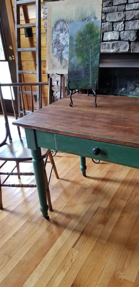 "* Antique  * Rare 1800's * * Pegged Chestnut**With A  Beautiful Green (1) Drawer & Old French Board Pull-Out Plank Board Table/DESK/Work Table* With Turned Legs & Old Original Castors.  Excellent Body & Rare!     This Also Could Be Used in The Kitchen as Work Table, Desk or Breakfast Table.  Dimensions:  42.5\" Wide  X  27 7/8 Depth  X  30\" Height // Drawer Dimensions: 20\" Wide  X 13.5\" Deep  // French Board Pull-Out:  20.25\" Wide X 19 7/8\" Long.   SHIPPING INCLUDEDed!!  .     FREE Shippin Green Kitchen Table, Green Dining Table, Desk Drawer Pulls, Farmhouse Green, Central Table, Drawer Dimensions, Old Table, Homeschool Room, Rustic Room