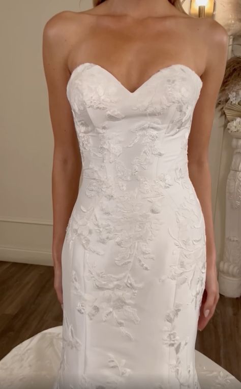 Mikado fit to flare gown with allover lace applique, strapless sweetheart neckline. Mikado Wedding Dress, Strapless Lace Wedding Dress, Kelly Faetanini, Gown Designer, Classy Wedding Dress, Flare Gown, Fit And Flare Wedding Dress, Strapless Sweetheart Neckline, Wedding Vision