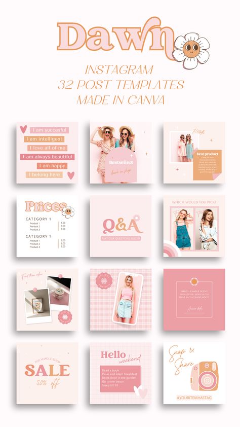 These editable Instagram post templates for Canva features a retro-inspired 90s design in pink and orange. They are fully customizable, allowing you to easily create eye-catching posts. Perfect for anyone looking to add a fun and playful touch to their social media presence. Pink Social Media Template, Fun Instagram Templates, Trendy Social Media Design, Social Media Post Inspiration, Small Business Social Media Posts, Graphic Design Social Media Posts, Graphic Designer Instagram Feed, Instagram Post Graphic Design, Retro Instagram Feed