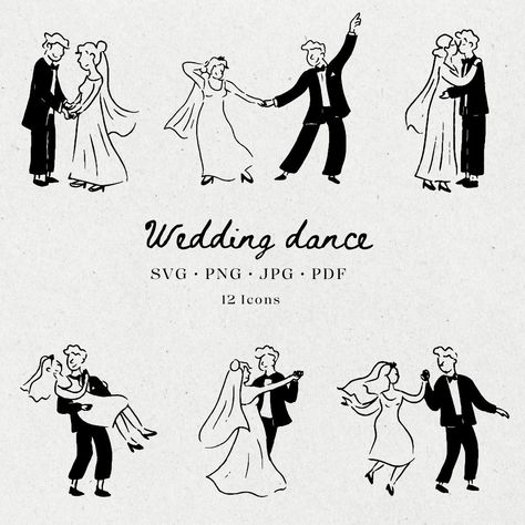 Minimal Digital Hand-Drawn Wedding Dance illustrations. Hand drawn clipart icons. Perfect for Wedding invitations, Bachelorette, Hen do, Parties invitations, Birthday, Galentines, Bridal Shower and more.  Hand drawn style with scribble drawings. Italian Style and French Style clipart icons. Please note that this is a DIGITAL PRODUCT, no physical product will be shipped.  Go to https://www.etsy.com/uk/shop/RoseRayCo?ref=l2-about-shopname&search_query=CA001 to view the full clipart icon collection Wedding Doodles Couple, Wedding Dance Illustration, Wedding Invitations Drawing, Scribble Drawings, Bridal Illustration, Hand Drawn Invitation, Dance Illustration, Dancing Drawing, Hand Drawn Wedding Invitations