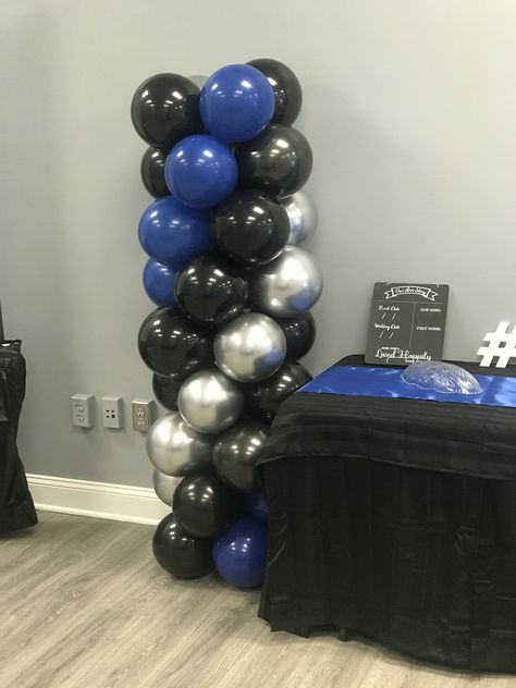 Blue Men Party Decorations, Black And Blue Party Decor, Royal Blue Black And Silver Decorations, Royal Blue Quince, Police Retirement, Silver Party Decorations, Surprise Birthday Decorations, Silver Wedding Decorations, Balloon Tower