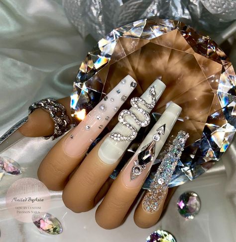 Nails With Snake Charm, Snake Charm Nails, Nails With Snake, Coffin Tips, Custom Press On Nails, Silver Linings, Celebrity Makeup Artist, Beauty Influencer, Birthday Nails