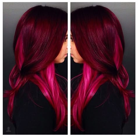 Deep red and hot pink hair Red Pink Hair, Adorable Hairstyles, Red Violet Hair, Exotic Hairstyles, Pink Ombre Hair, Purple Ombre Hair, Hot Pink Hair, Violet Hair, Fun Hair