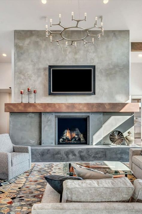 25+ Fireplaces With Shelves On Both Sides Ideas • Creatively Living Blog Wall Units With Fireplace, Stucco Fireplace, Fireplaces Ideas, Fireplace Shelves, Concrete Fireplace, Farmhouse Fireplace, Black Brick, Concrete Furniture, Fireplace Remodel