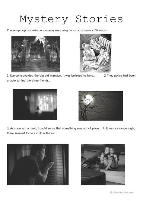 Mystery Stories - English ESL Worksheets for distance learning and physical classrooms Grammar Tenses, Detective Stories, Tenses Grammar, Esl Reading, Mystery Writing, Old Mansion, Picture Prompts, Story Activities, Mystery Stories