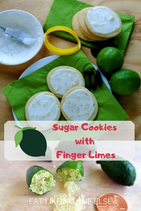 Looking for recipes or how to use finger limes? Trying using them to make these delicious soft sugar cookies. The finger lime caviar add a bold flavor to the icing.  #fingerlimes #cookies #sugarcookies Finger Limes Recipes, Finger Lime Recipes, Indigenous Cooking, Lime Sugar Cookies, Finger Limes, Australian Recipes, Caviar Lime, Lime Desserts, Bush Tucker