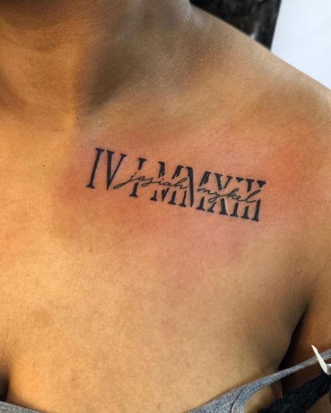 Date With Rose Tattoo, Kids Names Tattoos For Women, Ethan Tattoo, Baby Name Tattoos, Roman Numeral Tattoos, Birthday Tattoo, Date Tattoos, Mommy Tattoos, Black Girls With Tattoos