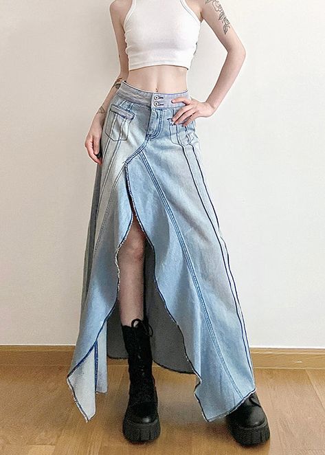 Diy Dress Makeover, High Waist A Line Skirt, Maxi Skirt Pattern, Celestial Dress, Jean Fashion, Patchwork Denim Skirt, Moda Jeans, Denim And Lace, Line Skirt