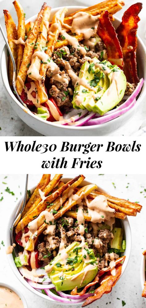 These loaded paleo burger bowls have all the goodies you love in a burger plus crispy baked French fries!  Crispy bacon, pickles, tomatoes, onions, avocado, grass fed beef and special sauce.   These flavor packed bowls are Whole30 compliant too and seriously yummy! #paleo #whole30 #cleaneating Skinnytaste Whole 30 Recipes, Whole 30 Buddha Bowl, Whole 30 Hamburger Casserole, Hamburger In A Bowl Whole 30, Keto Healthy Dinner Recipes, Whole 30 Friday Night Dinner, Whole 30 Guide, Losing Weight On Whole 30, Defined Dish Whole 30 Recipes