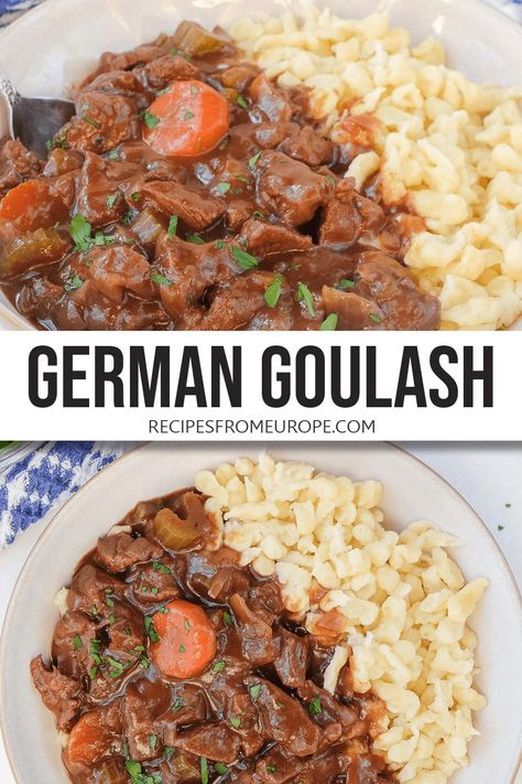 Looking to make a hearty German goulash? This rich and meaty dish is easy to make and serves well with spaetzle, bread dumplings, and more! #germanrecipes #beefrecipes German Goulash, Beef And Pasta, Easy German Recipes, German Food Authentic, Bread Dumplings, Perfect Roast, Oktoberfest Food, Goulash Recipes, Austrian Recipes