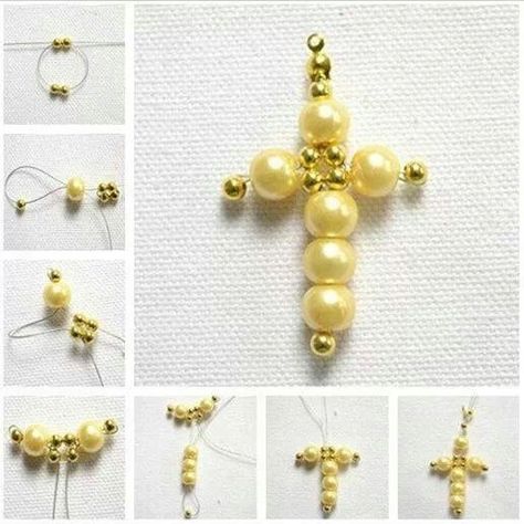 Diy Easter Jewelry, Cross Jewelry Diy, Gelang Manik-manik, Pearls Diy, Bead Charms Diy, Diy Bracelet Designs, Gelang Manik, Beaded Jewelry Tutorials, Beaded Cross