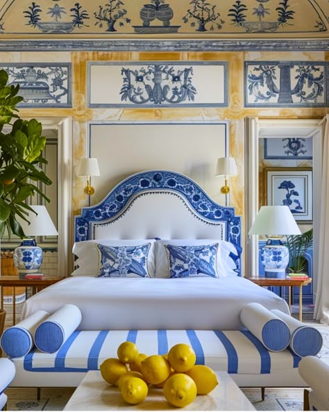 Absolutely mesmerized by these luxurious blue and gold interiors from @reverse.orientalism.   The intricate wallpaper and rich color palette create a perfect blend of elegance and comfort. Each room tells its own story, inviting you to relax and unwind. Which detail is your favorite? 💙✨ Blue And White Decor, Blue Interiors, White Interiors, Blue White Decor, Pretty Bedroom, House Interiors, Design Del Prodotto, Blue Rooms, Elegant Interiors