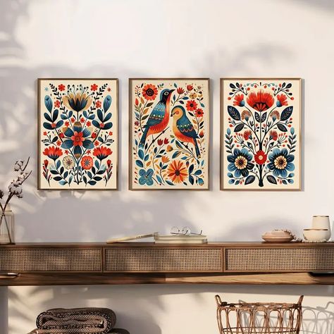 Norwegian Folk Art, Mexican Wall Art, Mexican Wall, Retro Farmhouse, Nordic Print, Flower Canvas Wall Art, Nordic Wall Art, Scandinavian Wall Art, Scandinavian Wall