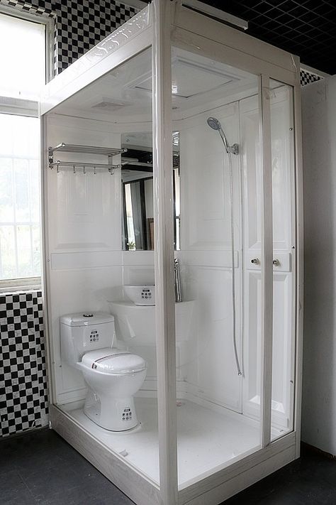 AN1014 prefab camping caravan modular bathroom toilet unit shower POD From m.alibaba.com Toilet Shower Combo Tiny House, Modular Shower Unit, Cabin Toilet Ideas, Shower Beside Toilet, Portable Bathroom Ideas, Portable Bathroom Trailer, Temporary Shower Ideas, Toilet In Shower Wet Rooms, Portable Shower Indoor